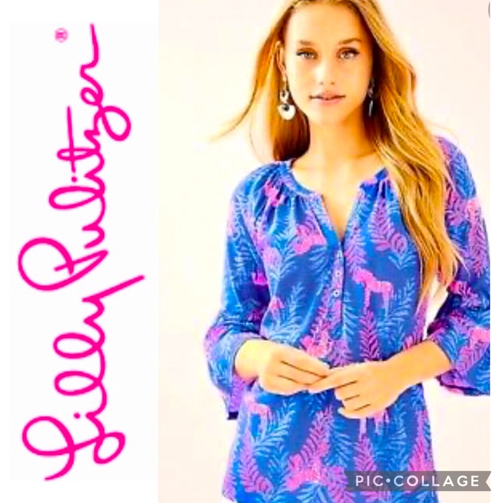 LILLY PULITZER Pink and Blue Bell Sleeve Zebra Top